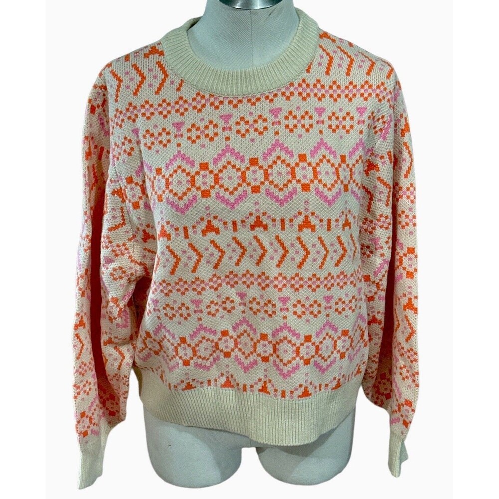 H&M Divided Pink Orange Jacquard Knit Sweater Womens Crew Neck Size Large NWT‎